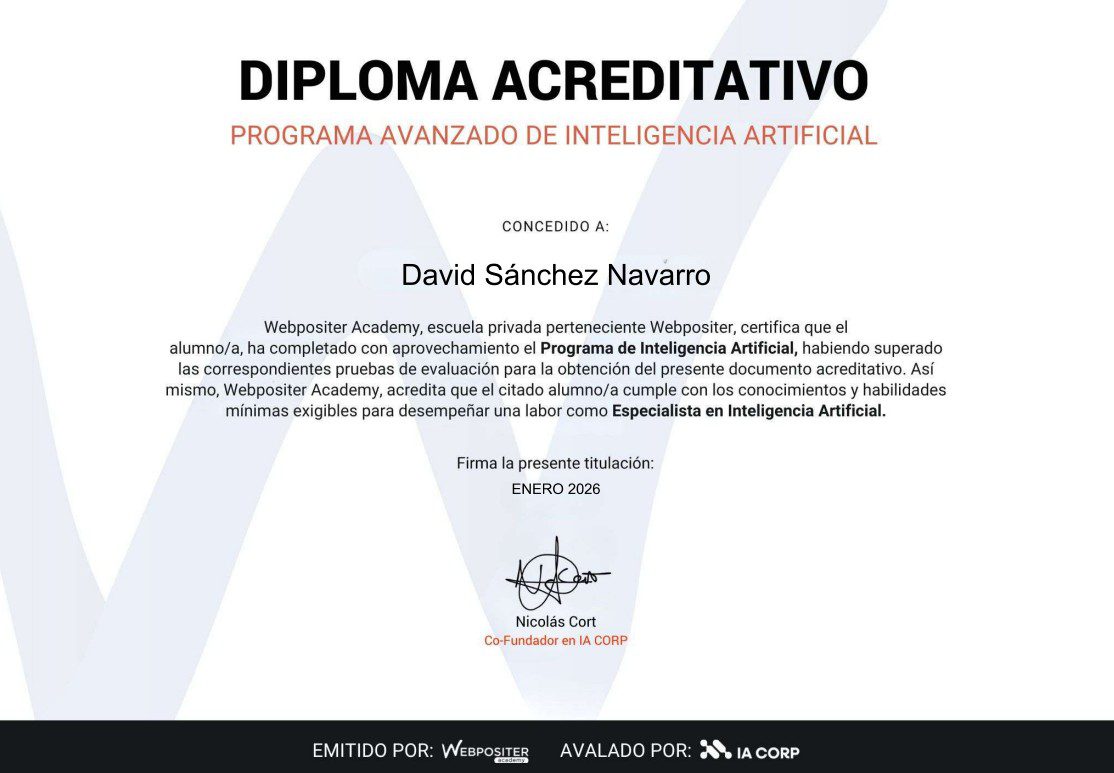 Diploma programa avanzado de inteligencia artificial de David Sánchez