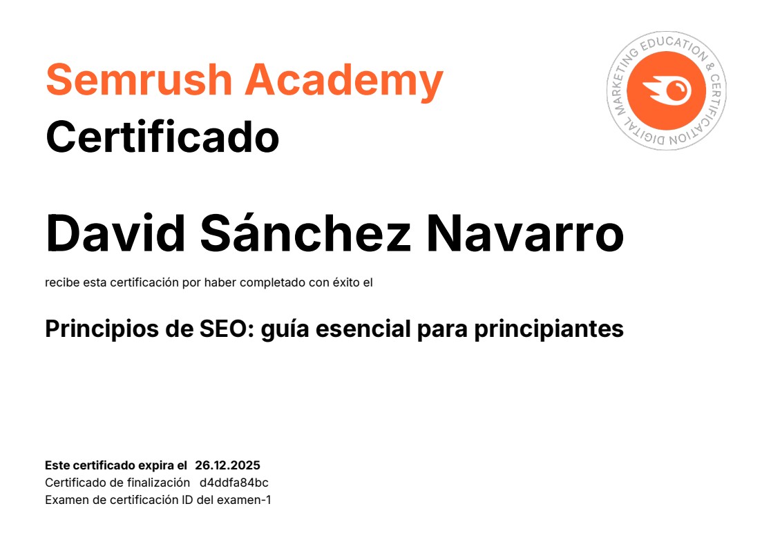Certificado Academy Semrush pincipios de Seo