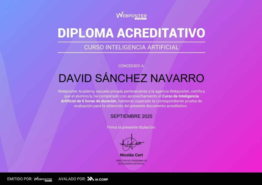 Diploma acreditativo David Sanchez del curso de Inteligencia Artificial