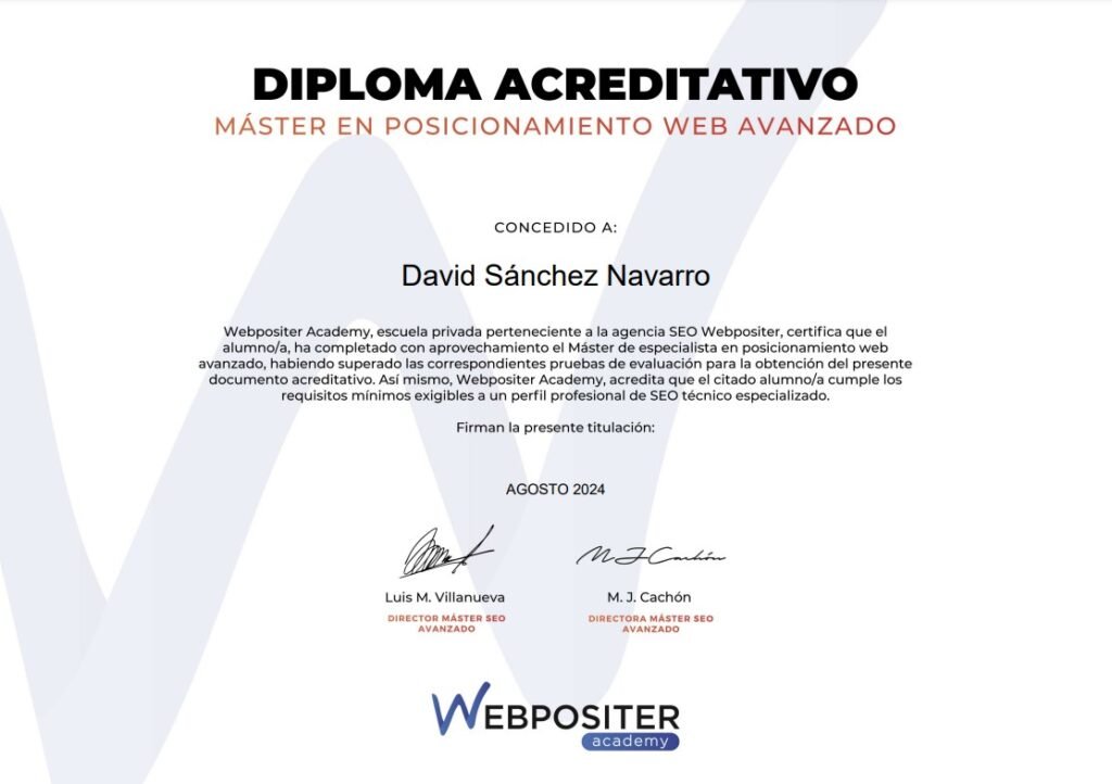 Diploma del master en posicionamiento web avanzado de David Sanchez Navarro