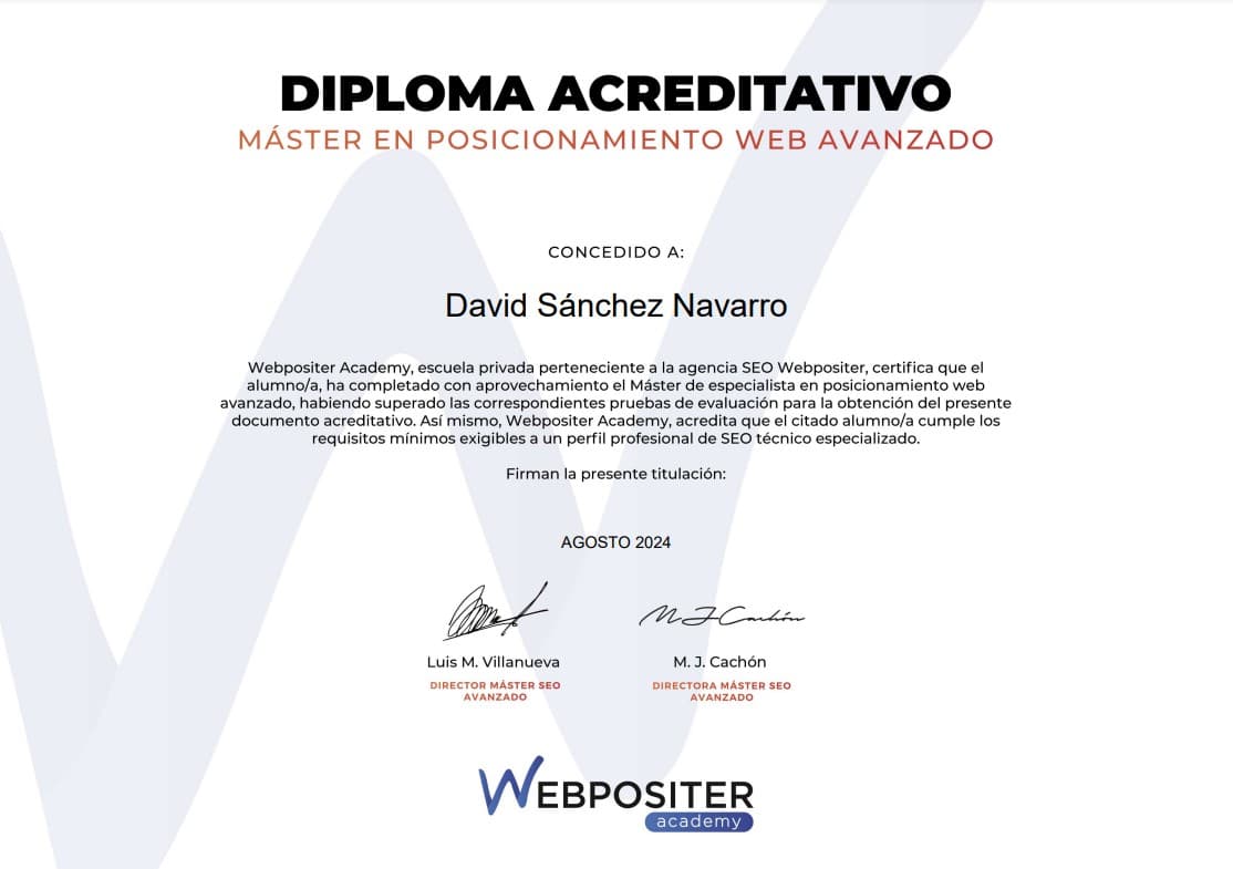 Diploma del master en posicionamiento web avanzado de David Sanchez Navarro
