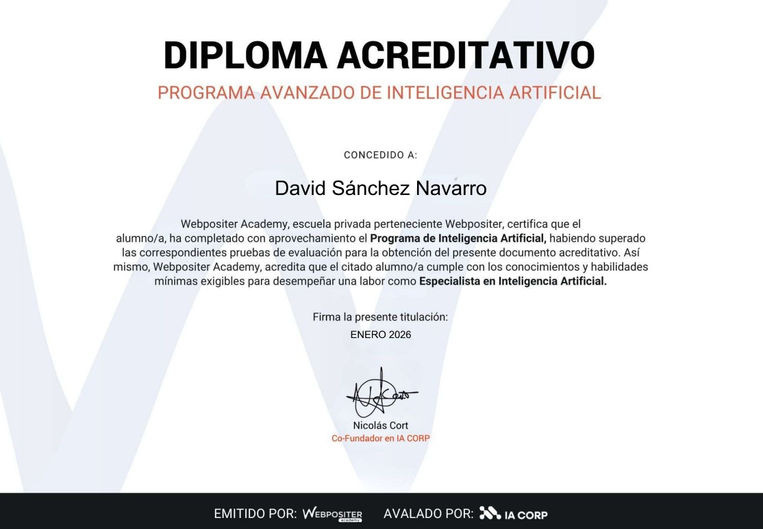 Diploma programa avanzado de inteligencia artificial de David Sánchez