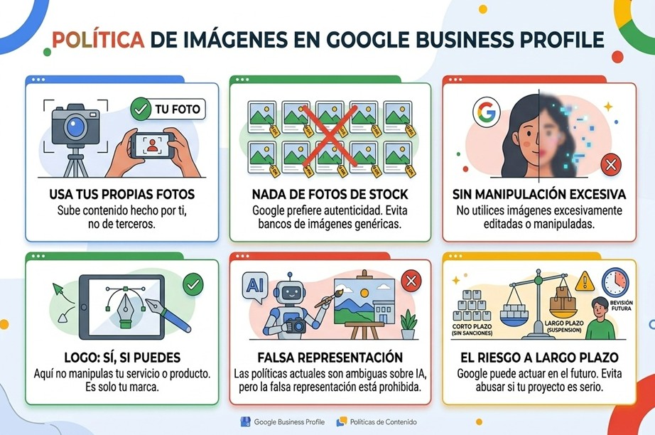 Foto donde se explica que políticas no debes violar en las fotos para los perfiles de empresa en Google.